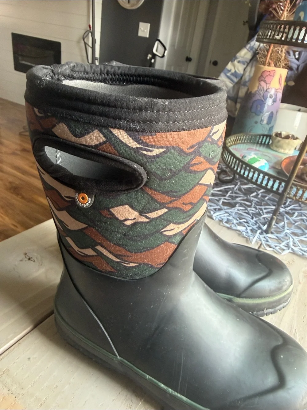 Bogs Kids Black Rubber Boots with Green & Brown Camo Upper